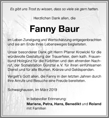 Traueranzeige von Fanny Baur von Memminger Zeitung