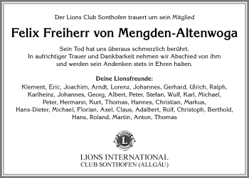 Traueranzeige von Felix Freiherr von Mengden-Altenwoga von Allgäuer Anzeigeblatt