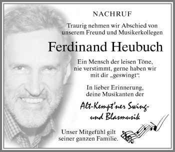 Traueranzeige von Ferdinand Heubuch von Allgäuer Zeitung,Kempten