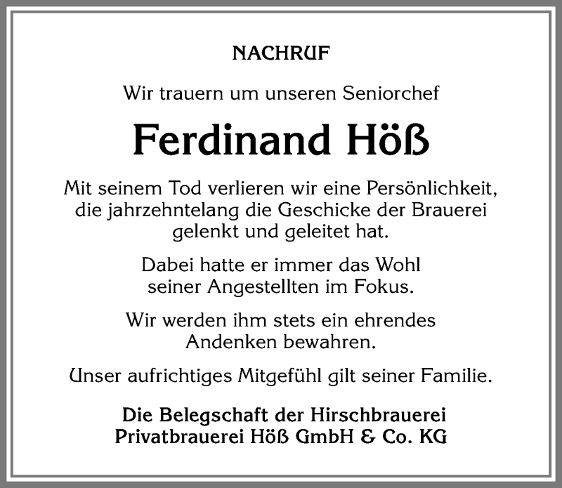  Traueranzeige für Ferdinand Höß vom 12.03.2019 aus Allgäuer Anzeigeblatt