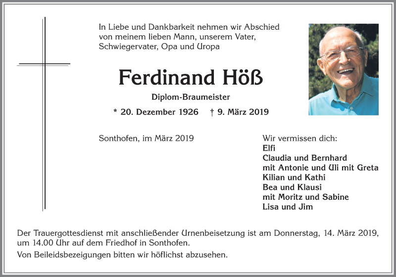 Traueranzeige für Ferdinand Höß vom 12.03.2019 aus Allgäuer Anzeigeblatt
