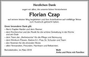 Traueranzeige von Florian Czap von Allgäuer Zeitung, Marktoberdorf