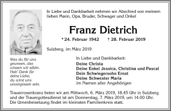 Traueranzeige von Franz Dietrich von Allgäuer Zeitung,Kempten