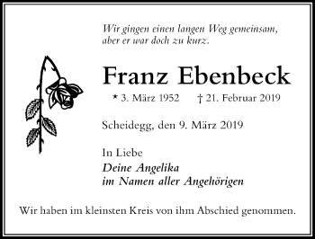 Traueranzeige von Franz Ebenbeck von Der Westallgäuer