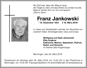 Traueranzeige von Franz Jankowski von Memminger Zeitung