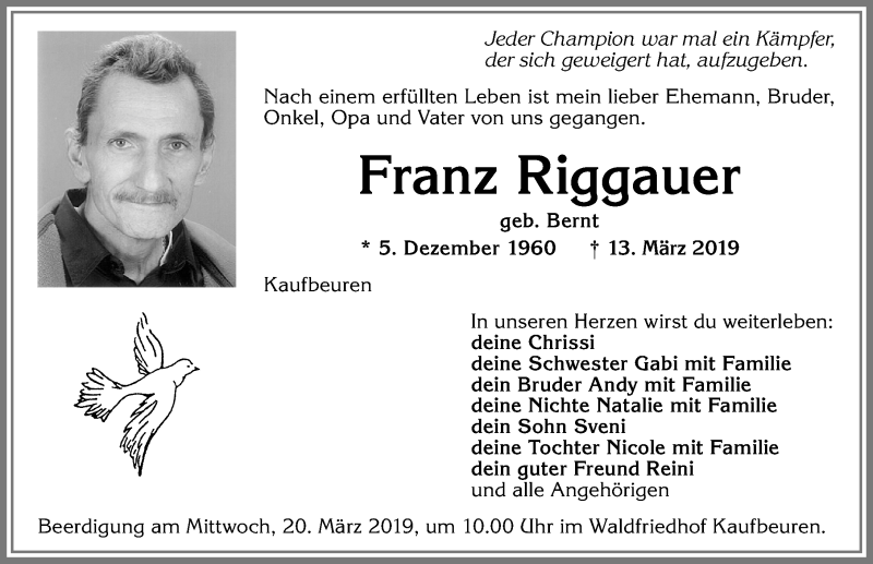  Traueranzeige für Franz Riggauer vom 16.03.2019 aus Allgäuer Zeitung, Kaufbeuren/Buchloe