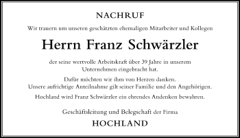 Traueranzeige von Franz Schwärzler von Der Westallgäuer