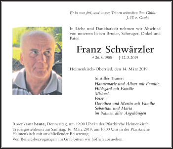 Traueranzeige von Franz Schwärzler von Der Westallgäuer