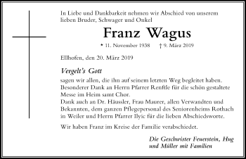 Traueranzeige von Franz Wagus von Der Westallgäuer