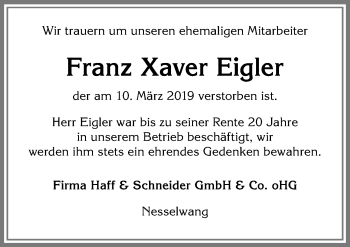 Traueranzeige von Franz Xaver Eigler von Allgäuer Zeitung, Füssen