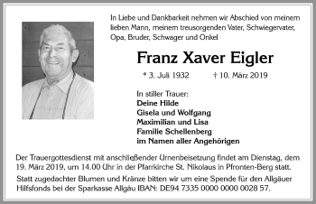 Traueranzeige von Franz Xaver Eigler von Allgäuer Zeitung, Füssen