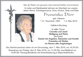 Traueranzeige von Franziska Dürr von Allgäuer Zeitung, Füssen