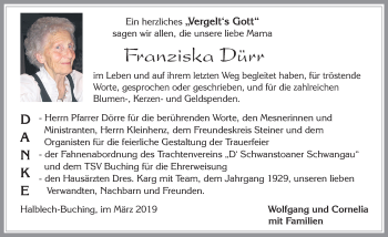 Traueranzeige von Franziska Dürr von Allgäuer Zeitung, Füssen