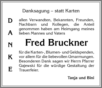 Traueranzeige von Fred Bruckner von Allgäuer Zeitung,Kempten