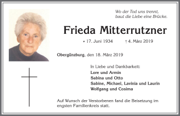 Traueranzeige von Frieda Mitterrutzner von Allgäuer Zeitung, Marktoberdorf