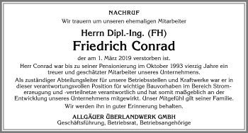 Traueranzeige von Friedrich Conrad von Allgäuer Zeitung,Kempten