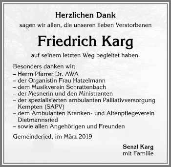 Traueranzeige von Friedrich Karg von Allgäuer Zeitung,Kempten
