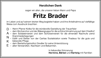 Traueranzeige von Fritz Brader von Memminger Zeitung