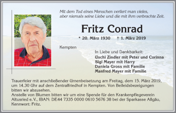 Traueranzeige von Fritz Conrad von Allgäuer Zeitung,Kempten