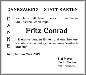 Traueranzeige von Fritz Conrad von Allgäuer Zeitung,Kempten