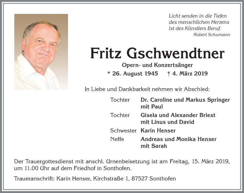  Traueranzeige für Fritz Gschwendtner vom 13.03.2019 aus Allgäuer Anzeigeblatt