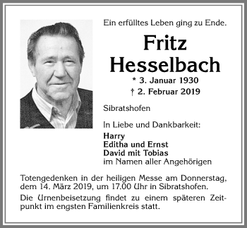 Traueranzeige von Fritz Hesselbach von Allgäuer Zeitung,Kempten
