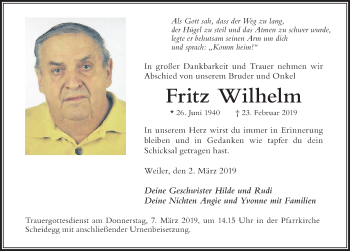 Traueranzeige von Fritz Wilhelm von Der Westallgäuer