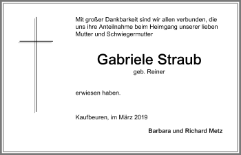 Traueranzeige von Gabriele Straub von Allgäuer Zeitung, Kaufbeuren/Buchloe
