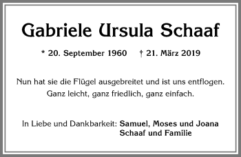Traueranzeige von Gabriele Ursula Schaaf von Allgäuer Anzeigeblatt