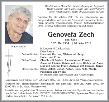 Traueranzeige von Genovefa Zech von Allgäuer Zeitung, Kaufbeuren/Buchloe