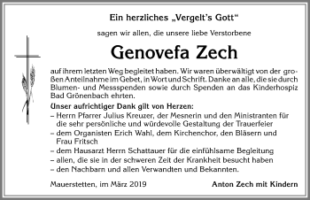 Traueranzeige von Genovefa Zech von Allgäuer Zeitung, Kaufbeuren/Buchloe