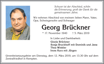 Traueranzeige von Georg Brückner von Allgäuer Zeitung,Kempten