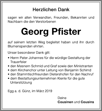 Traueranzeige von Georg Pfister von Memminger Zeitung