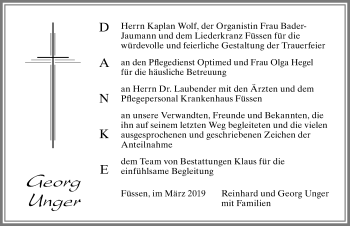 Traueranzeige von Georg Unger von Allgäuer Zeitung, Füssen