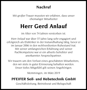 Traueranzeige von Gerd Anlauf von Memminger Zeitung