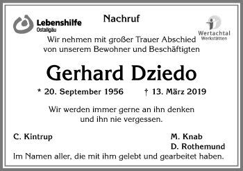 Traueranzeige von Gerhard Dziedo von Allgäuer Zeitung, Marktoberdorf