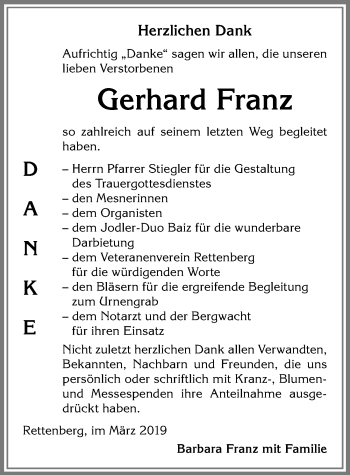Traueranzeige von Gerhard Franz von Allgäuer Anzeigeblatt