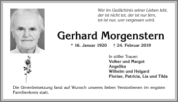 Traueranzeige von Gerhard Morgenstern von Allgäuer Anzeigeblatt