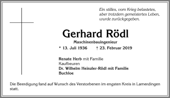 Traueranzeige von Gerhard Rödl von Allgäuer Zeitung, Kaufbeuren/Buchloe