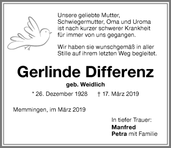 Traueranzeige von Gerlinde Differenz von Memminger Zeitung