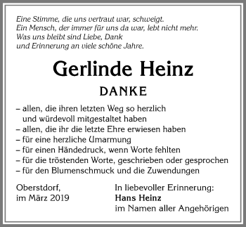 Traueranzeige von Gerlinde Heinz von Allgäuer Anzeigeblatt