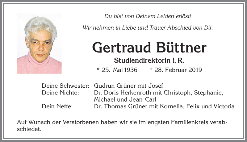  Traueranzeige für Gertraud Büttner vom 09.03.2019 aus Allgäuer Zeitung,Kempten
