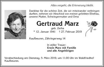 Traueranzeige von Gertraud Marz von Allgäuer Zeitung, Kaufbeuren/Buchloe
