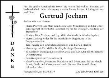 Traueranzeige von Gertrud Jocham von Der Westallgäuer