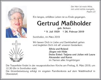 Traueranzeige von Gertrud Maßholder von Allgäuer Anzeigeblatt