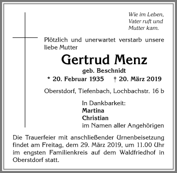 Traueranzeige von Gertrud Menz von Allgäuer Anzeigeblatt