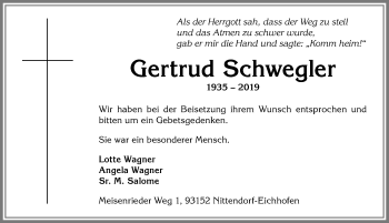 Traueranzeige von Gertrud Schwegler von Allgäuer Anzeigeblatt