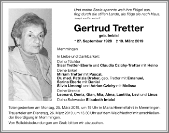 Traueranzeige von Gertrud Tretter von Memminger Zeitung