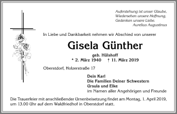 Traueranzeige von Gisela Günther von Allgäuer Anzeigeblatt