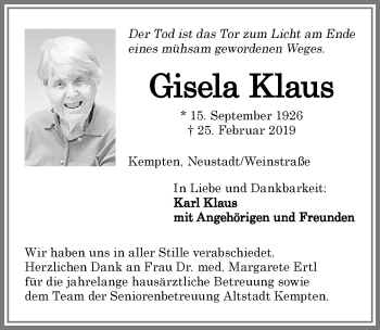 Traueranzeige von Gisela Klaus von Allgäuer Zeitung,Kempten